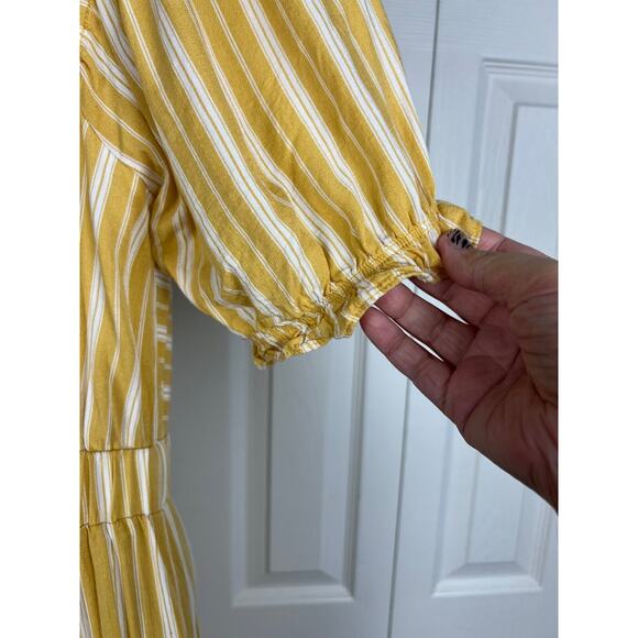 Forever 21 Medium Yellow Cream Stripe Tie Front Ruffle Sleeve Wide Leg Jumpsuit - Picture 9 of 9